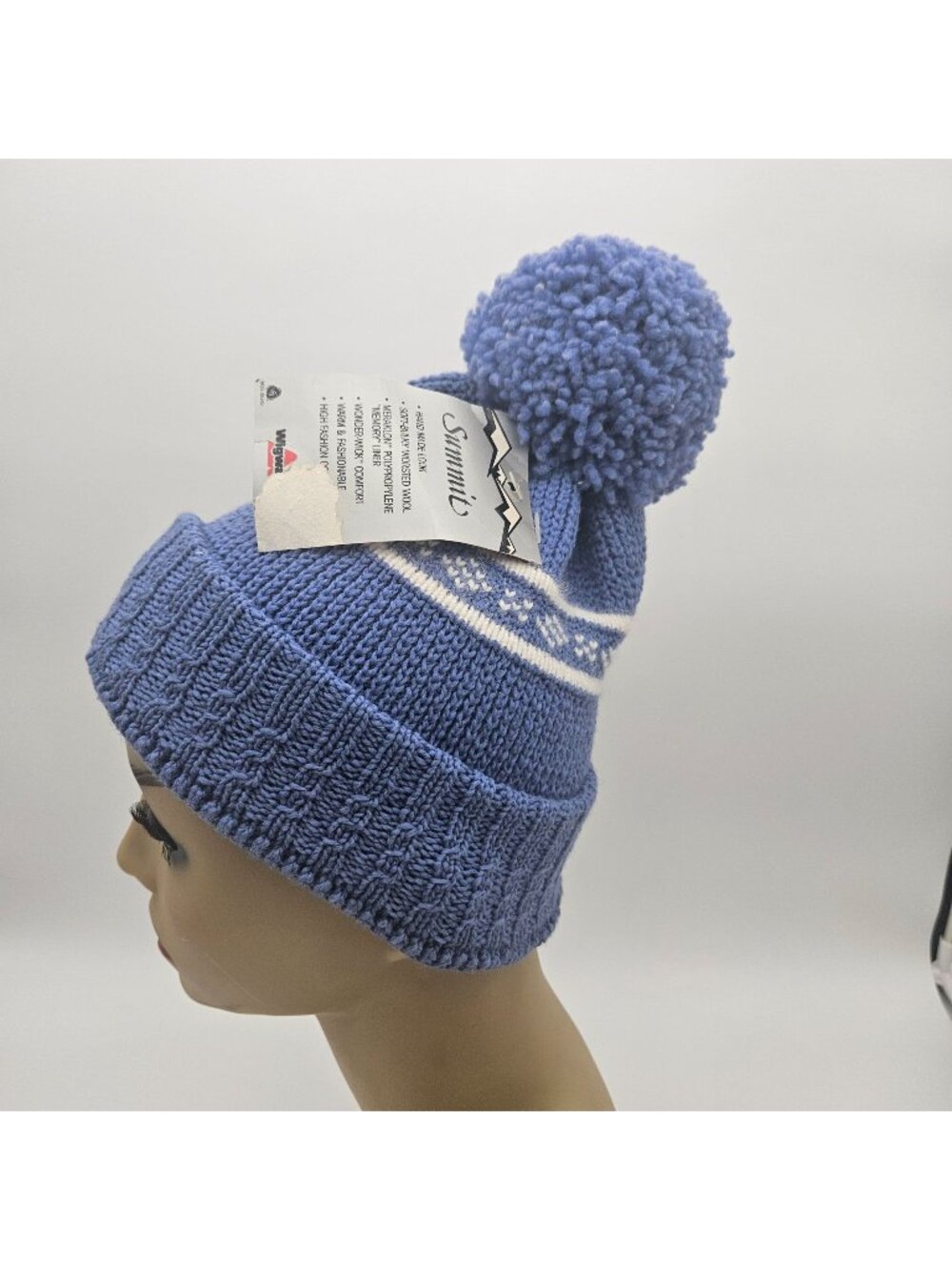 Summit by Wigwam Beanie Snow Periwinkle Blue Pom Pom Wool Hat NOS